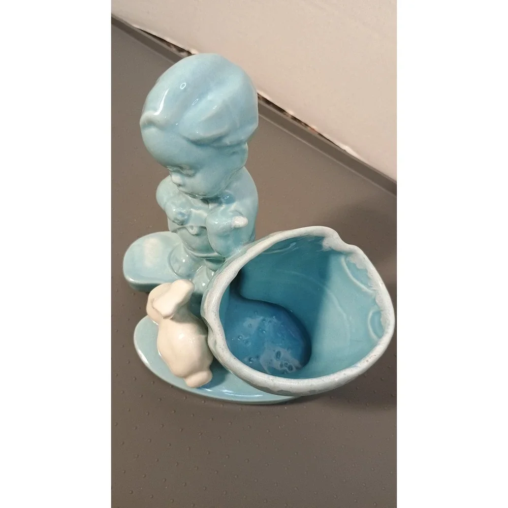 Vintage Ceramic Boy with Bunny Planter Nursery Blue White Excellent Mid Century